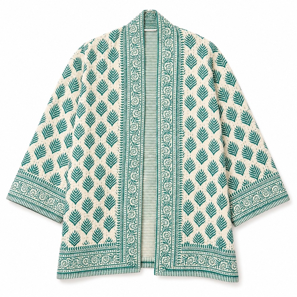 Eleanor James Kantha Kimono Cool Me‎ Out Jacket Women S/M Teal Cotton Boho NEW